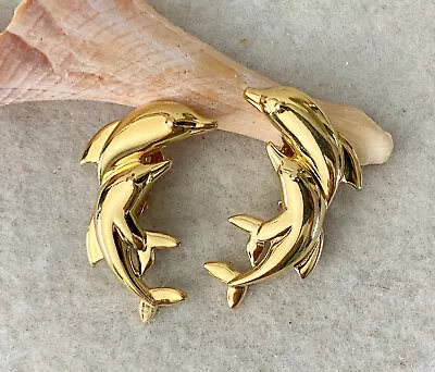 Vtg 1990's Gold Tone Dancing Dolphin Clip-On Earrings Sea Life Statement Avon? • $14.99