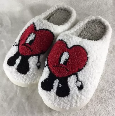 Bad Cute Bunny Slippers Womens 7-7.5 Warm Indoor Love Winter Slides White Red • $11.96