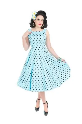 H&R London Caprice Day Dress Sky Blue Black Polka Dots Retro 1950's Pinup Style • $52.99