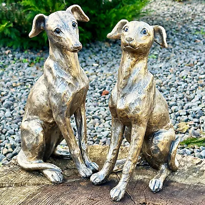 Set Of 2 Gold Regal Greyhound Garden Statues Resin Outdoor Sitting Dog Ornaments • £45