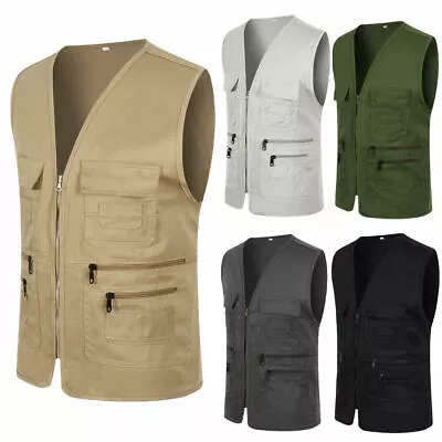 Men's Multi-Pocket Safari Vest Jacket Fishing Hunting Tops Waistcoat Photography • £14.24