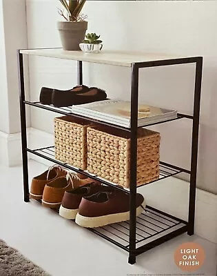 Contemporary 4 Tier Storage Shoes Rack Black Metal Frame Oak Finish Top Home • £25.99