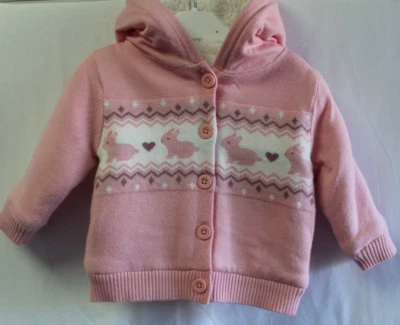 £6.50 • Buy Nutmeg Baby Girl Knit  Jacket 0 To 3 Months Fleecy Lined Pink With Bunny Rabbits