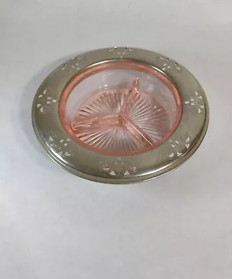 Pink Depression Glass Divided Relish Nut Candy Vintage Metal Rim 8” Faberware • $9.90