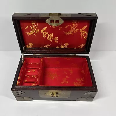 Vintage Asian Brass & Wooden Mahogany Trinket/Jewelry Box 7”x4”x3” Silk Lined • $20.97