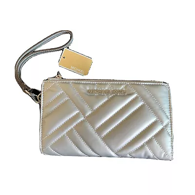 Michael Kors Silver Peyton Large Double Zip Wristlet Wallet Quilted Leather • $89