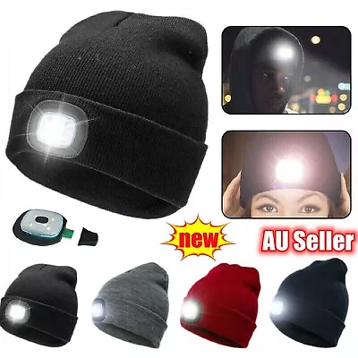 Rechargeable LED Beanie Winter Warm Knit Hat Head Light USB Torch Hat Unisex AU • $17.49