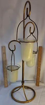 Vintage 3 Hanging Votive Candle Holder Lantern Rot Iron? Heavy Stand Thick Glass • $379.99
