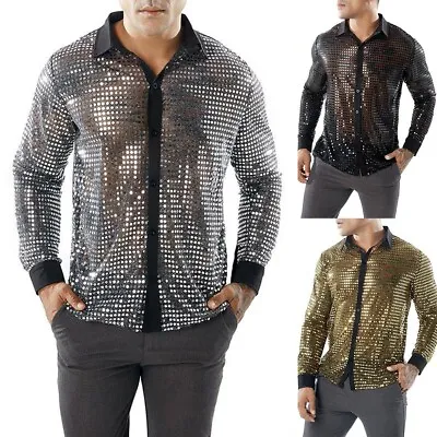 Stylish Men's Sequin Party Dance Shirts Retro 70s Disco Nightclub Shimmer Tops • $21.04