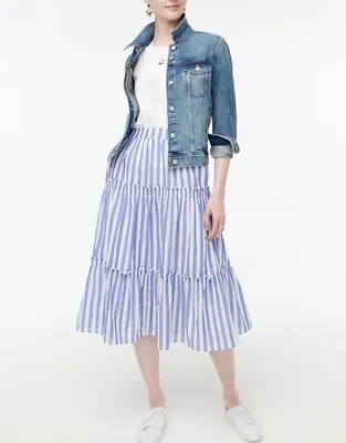 J Crew Midi City Blue & White Stripe Tiered Preppy Elastic Waist Skirt Sz M NWT • $55.20