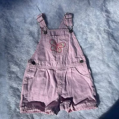 Vintage Oshkosh Pink Hickory Stripe Bib Overall Short  24m Embroidered Butterfly • $16