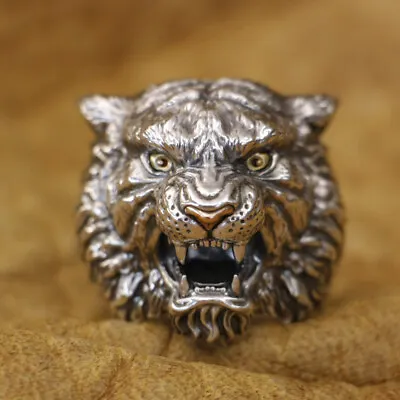 Brass Eyes Copper Nose 925 Sterling Silver Tiger Ring Punk Jewelry TA433 US 8~15 • $104.40
