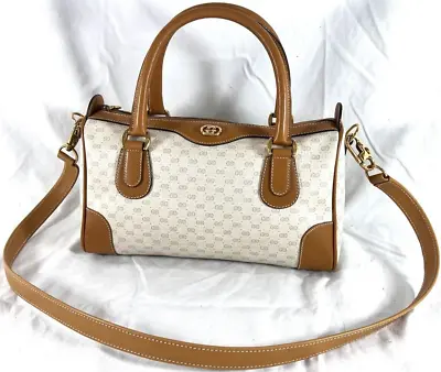 $750 • Buy GUCCI Micro GG Ivory Canvas & Tan Leather Vintage Speedy Bag Made In Italy