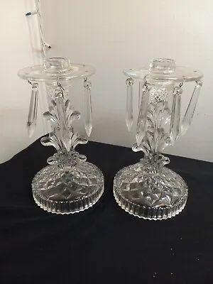 Antique Cut Crystal Mantle Lusters Candle Holders 9 Prisms /99 • $75