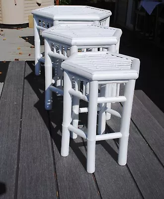 Mid Century White Bamboo Nesting Stacking Tables  - Set Of 3 • $175