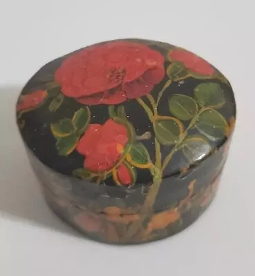 Vintage Paper Mache Lacquered RED ROSES Trinket Box Kashmir India Handpainted   • $12.93