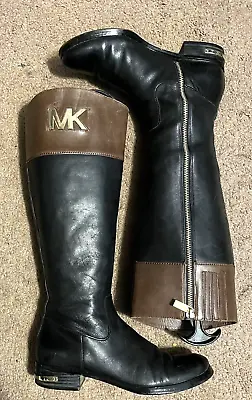 Michael Kors 'hayley' Lady's 6.5 M Tall Riding Boots Black W/ Brown Cuff • $29.99