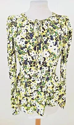 Women's M&S Top Yellow Green Floral Print Long Sleeve Peplum V Neck Top NEW F2 • £7.99