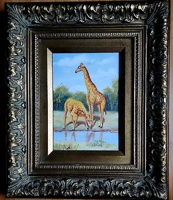  Oil Painting  Giraffe By The Stream  Artist Marten.  Size With Frame 10.5×12.5 • $64