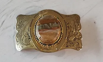 Vintage Agate Gemstone Gold Country Cowboy Mountains Belt Buckle Oval Horseshoe • $14.99
