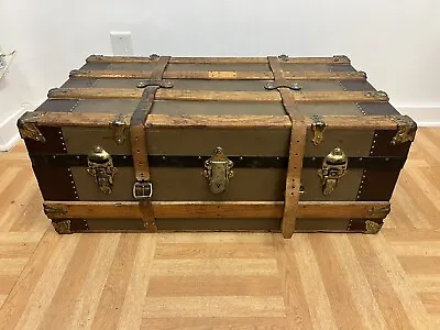 Vintage WOOD STEAMER TRUNK W Tray Chest Coffee Table Storage Box Antique Decor • $149.99