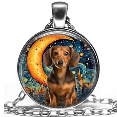 Dachshund Necklace Starry Night Impressionist Art Print Silver Dog Charm Pendant • $14.95