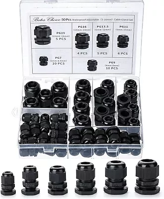 Nylon Cable Gland 50 Pcs Waterproof Cable Connector Black Cord Grip Plastic • $20.56