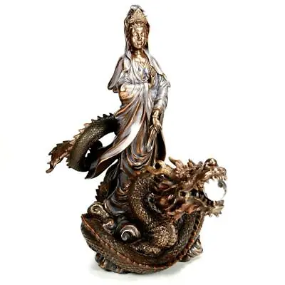 $129.95 • Buy KWAN YIN ON DRAGON STATUE 12.5  Quan Yin Guan Buddha Goddess Mercy Bronze Resin