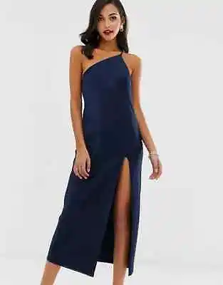 $35 • Buy Asos Design Dress Size 12 Navy Blue One Shoulder Satin Midaxi Midi Cocktail NEW