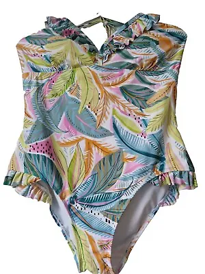 Matalan Ladies Swimsuit Size 16 Green Mix Exotic One Peace Halter Neck Ruffles • £7.99