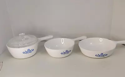 Corning Ware Blue Cornflower Sauce Pans & Skillet W/ 1 Lid P81B-P82B-P83B Set • $25