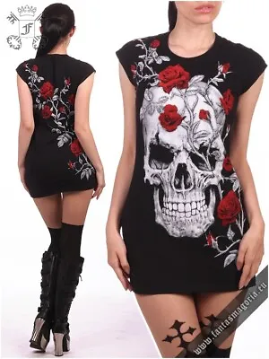 Skull Roses Tunic Mini Dress Top Gothic Goth Ladies Rose Biker Witch Halloween • £14