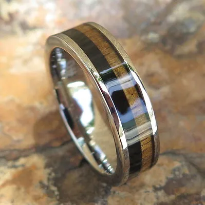 Hawaiian Koa Wood Black Split Two Inlay Titanium Wedding Ring Band 6mm TIR4007 • $44.88