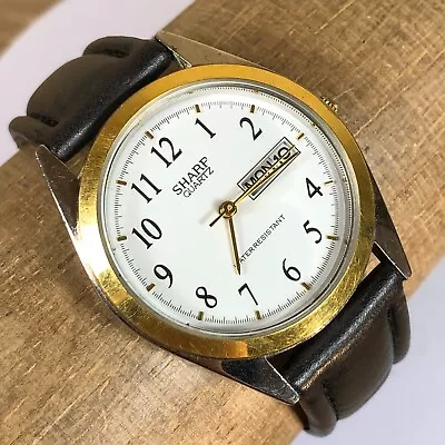 Vintage Sharp Mens Day Date Two Tone Black Leather Band Quartz Watch • $18.95