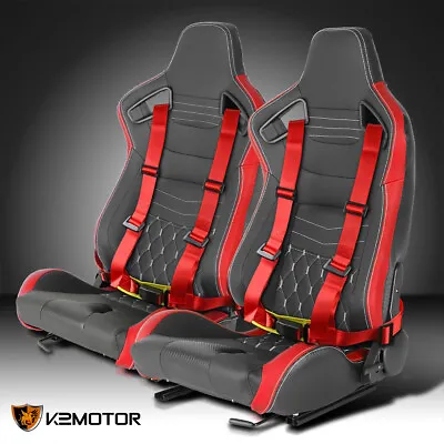 $357.33 • Buy 2PC Black/Red PVC Leather White Stitch Racing Seats+4-Point Seat Belts Harness