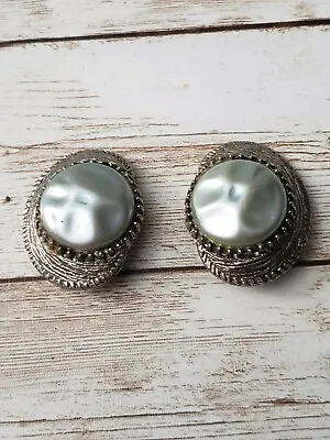 Vintage Clip On Earrings Unusual Large Silver Tone With Light Blue Statement • $13.99