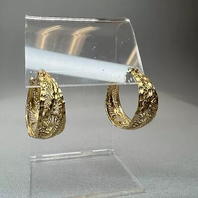 VINTAGE Preloved 14K Yellow Gold Large & Wide Filigree Hoops W/ Hinged Clip • $299