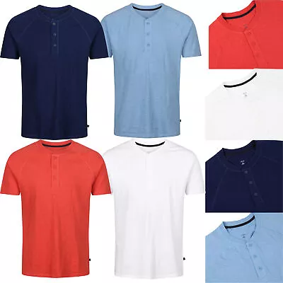 Mens Grandad Neck T-shirt Henley Short Sleeve Plain Tops Ex Brand Casual Summer • £7.90