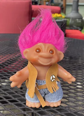 Vintage 1986 HIPPIE DAM TROLL Doll Pink Hair - Vest Jeans Peace Outfit • $15.99