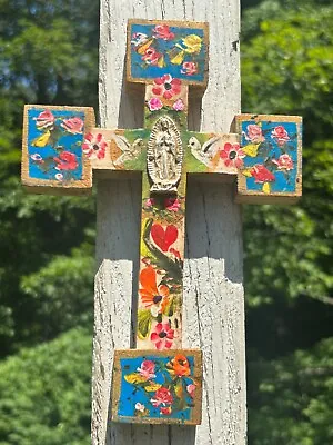 Painted Wood Cross Mexico Handmade Milagro 9x6 Virgen Guadalupe Virgin Mary A44 • $26.90