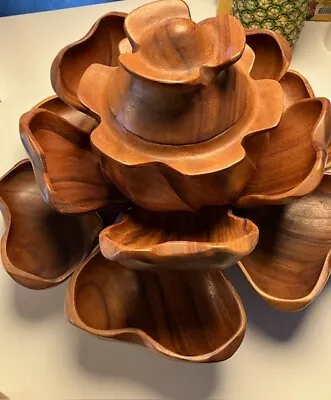 Rare Vintage Large Monkey Pod Lotus Serving Bowl Set Lazy Susan Hand Carved Wood • $175