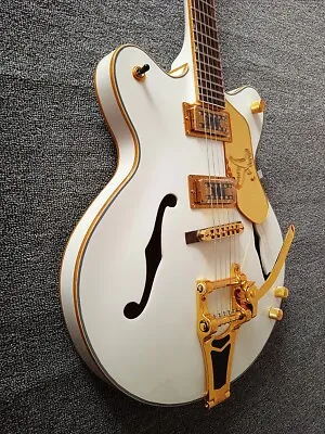 Electric Guitar Vintage White 6 String Semi-Hollow Body 22F Gold Accessories • $229