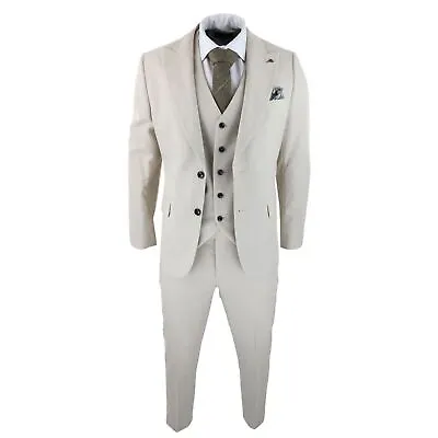 Mens Wool 3 Piece Cream Beige Suit Slim Fit Classic Wedding Party Vintage 1920s • $277.90