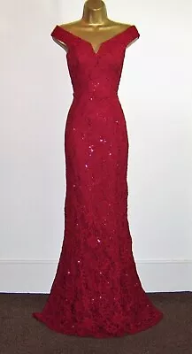 QUIZ Size 8 Stretchy Lace Red Sequin MAXI Long Evening Party Prom Dress Gown • £37.99