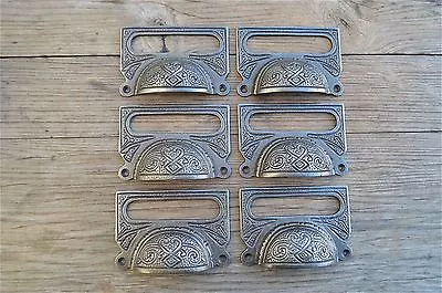£28.39 • Buy A Set Of 6 Large Edwardian Cast Iron Label Frame Handle Filing Drawer Pull Cb10