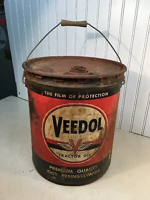 Vtg Veedol Tractor Oil  5 Gallon Metal Oil Can Wood Handle  Dated 1949 Flying V • $80.75
