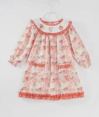 Coral Pink Pumpkin Turkey Girl Smocked Dress  12 Months • $13.96