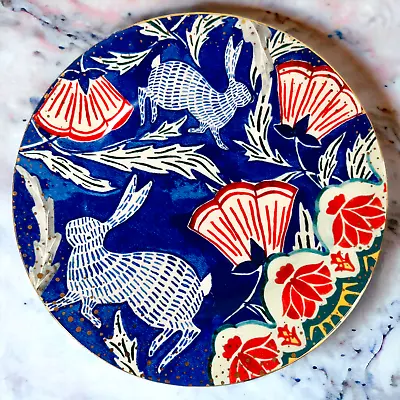 Anthropologie Plate New Bone China Rabbit Bunny Hare Blue Red Floral Dessert 8  • $20.83