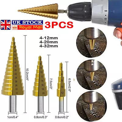 3X Large HSS Steel Step Cone Drill Titanium Bit Set Hole Cutter 4-12/20/32mm • £10.39