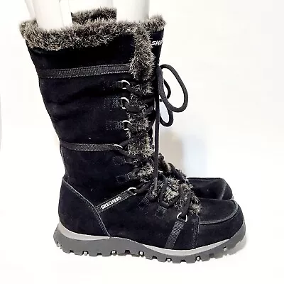 SKECHERS Grand Jams Unlimited Winter Boot Black Suede Fur Lined Wms 6.5US 36.5EU • $49.98